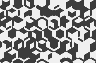 Abstract geometric grayscale pattern.  Complex interlocking hexagons create a dynamic, modern design ideal for tech, architecture, or fashion backgrounds.