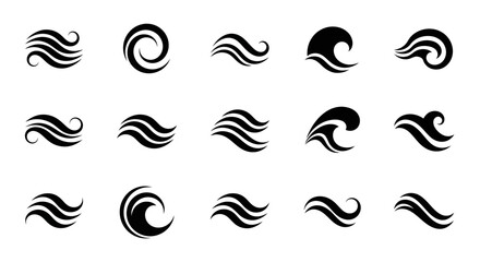 A collection of elegant black wave symbols and swirl designs representing wind or water motion