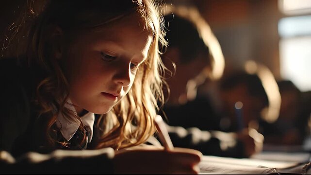 A girl with curly hair focuses intently on her work at a desk, surrounded by her classmates in a classroom. The warm lighting and concentration create a studious atmosphere.