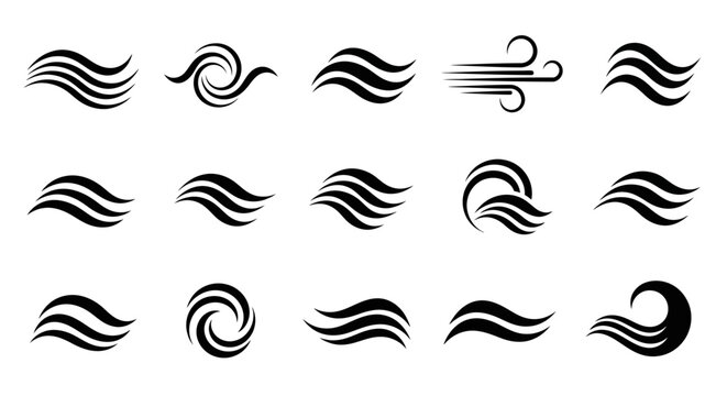 A collection of elegant black wave symbols and swirl designs representing wind or water motion