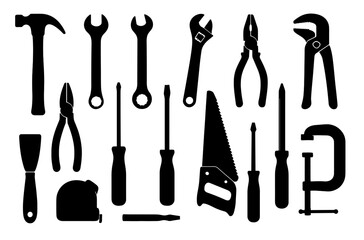 Silhouette of various hand tools isolated on white background
