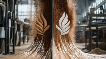 Flowing powder reveals intricate designs in a coffee processing facility during daylight hours