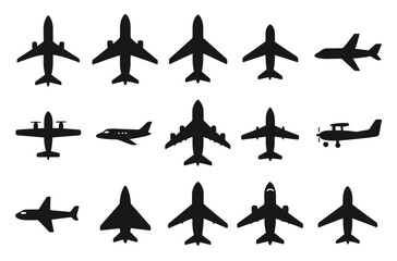 Silhouette collection of various airplane designs and top-down views of aircraft