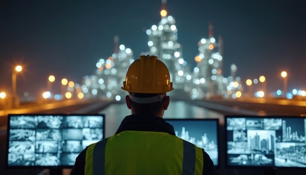Security worker watches plant at night. Man controls process on monitors in control room. Engineer looks at industrial manufacture complex. Safety inspector monitors factory operation with