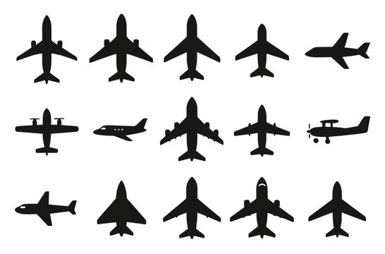 Silhouette collection of various airplane designs and top-down views of aircraft