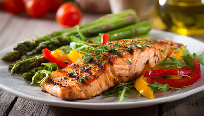 Baked salmon garnished with asparagus and tomatoes with herbs