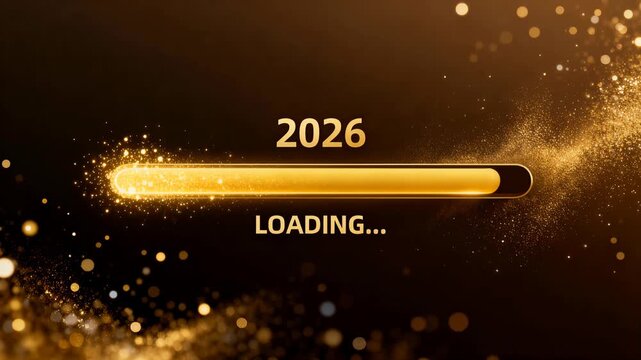 2026 digital graphic with dark background transitioning to golden yellow shows horizontal bar with LOADING text and scattered golden dots, evoking celebratory mood with golden highlights