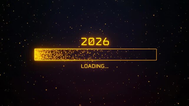 2026 graphic with dark, shifting background showcases large, golden 2026 bar, flanked by LOADING in orange, amid confetti dots, evoking anticipation and excitement., Future, Innovation, Countdown