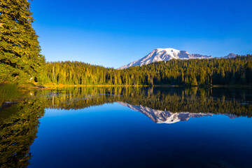 Alpenglow Sunrise Reflection on Mount Rainier in Still Lake