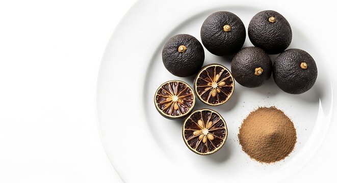 Dried black limes and a fresh lime on a white plate