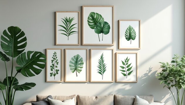 Group of framed botanical leaf prints arranged on wall above sofa. Minimalist decor features diverse green plant illustrations in wooden frames. Natural theme adds refreshing botanical ambiance.