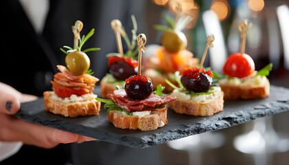 Chef holding slate plate with tasty canapes, closeup