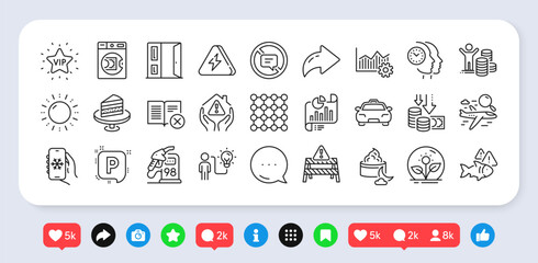Report document, Air conditioning and Incubator line icons pack. Social media: share, comment, like icons. Vip star, Launder money, Sun energy web icon. Deflation, Density, Cake pictogram. Vector