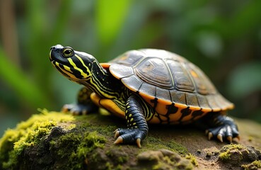 Obraz premium Yellow spotted Amazon river turtle poses on mossy rock surface. Reptile with black and yellow stripes displays its patterned shell and legs in natural habitat.