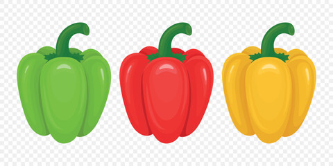 Flat Cartoon Vector Bell Peppers Set. Red, Yellow, Green Sweet Peppers Illustration. Fresh Vegetables for Food Market, Healthy Cooking, Vegetarian Recipe Design, Farm Organic Product Icon