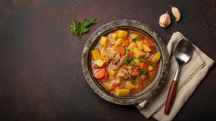 Hot chicken stew or soup with tender chicken pieces, chunky potatoes, and vibrant carrots garnished...