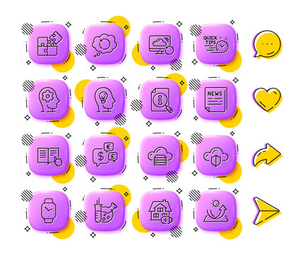 Mental health, Quick tips and Cloud protection line icons. App 3d buttons. Social media comment, share, like icons. Pack of Fake news, Recovery cloud, Home charging icon. Vector - Powered by Adobe
