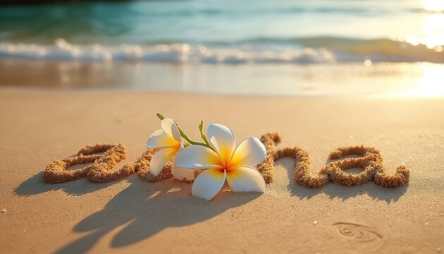 Two white plumeria flowers on sand beach with word aloha written. Gentle ocean waves and golden sun light at background. Tropical paradise isle scene. Aloha.