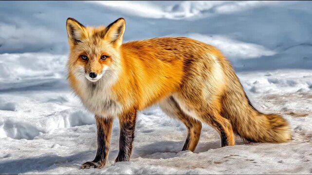 Vibrant red fox standing gracefully in pristine white snow during winter. Beautiful wild mammal in a cold, snowy forest environment.