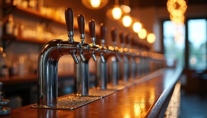 Row of polished chrome beer dispensers lines rustic wooden counter. Warm blurry lights glow in background, creating cozy pub atmosphere. Modern brewpub interior ready for service, inviting friends