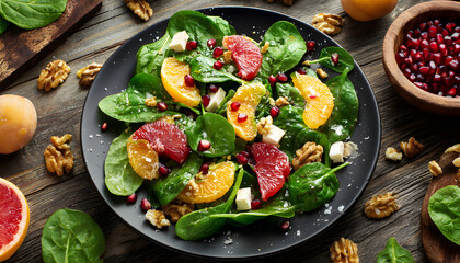 Orange Grapefruit salad with spinach, walnuts, pomegranate seeds and feta cheese. healthy food