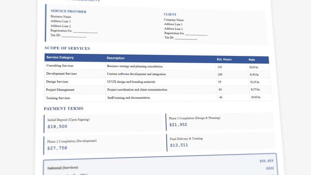 Professional service agreement contract document with animated financial calculations display

