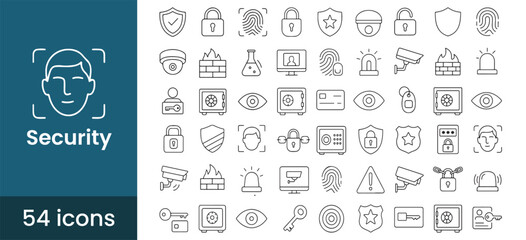 Security and cyber protection icon set, featuring data privacy, safety system, lock, and camera symbols for digital and physical safety.

