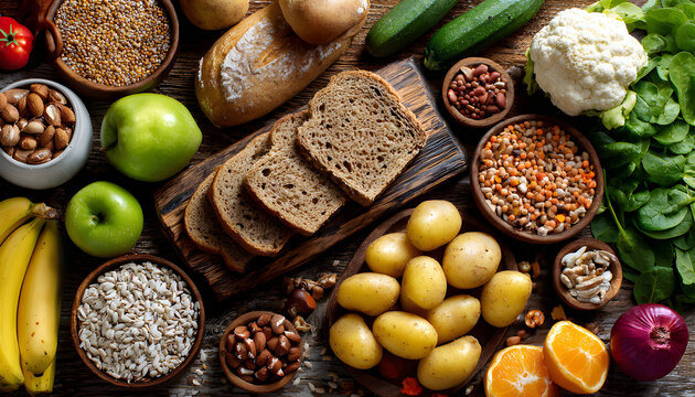 Healthy food. Selection of good carbohydrate sources, high fiber rich food. Low glycemic index diet. Fresh vegetables, fruits, cereals, legumes, nuts, greens