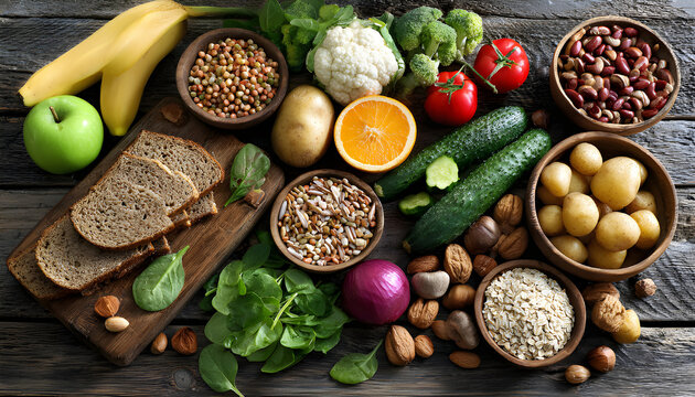 Healthy food. Selection of good carbohydrate sources, high fiber rich food. Low glycemic index diet. Fresh vegetables, fruits, cereals, legumes, nuts, greens