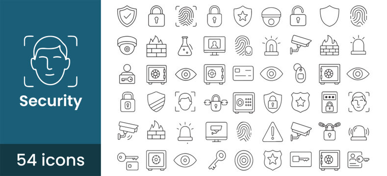 Security and cyber protection icon set, featuring data privacy, safety system, lock, and camera symbols for digital and physical safety.

