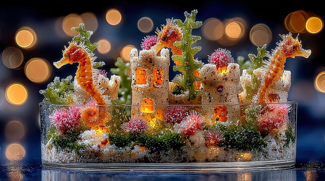 Fantasy marine terrarium with illuminated sandcastle, colorful corals and orange seahorses. Generated with AI