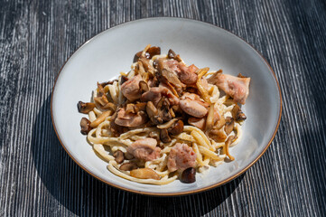 Plate of chicken and mushroom pasta. 