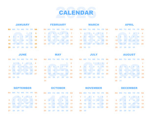 2026 Calendar English Horizontal Page Template Letter Format light blue design. Monthly layout week start on Sunday. 