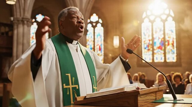 Black preacher in a church preaches and teaches the gospel of god in a passionate sunday mass
