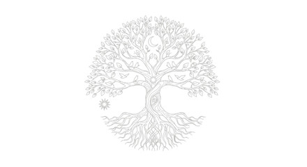Elaborate illustration showcasing a detailed tree with roots, branches, sun, moon and birds
