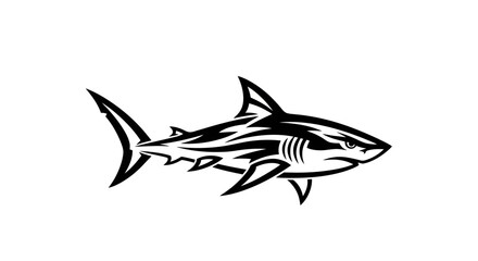 Striking shark monochrome illustration with tribal-inspired stylized patterns and sharp contours