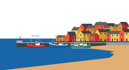 Vibrant coastal vista featuring fishing vessels nestled beside a colorful townscape