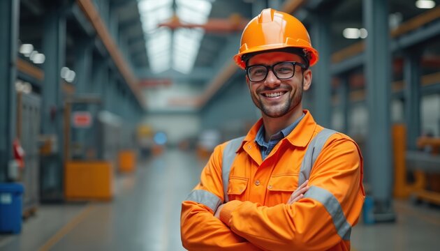 Happy worker in orange safety gear poses at an industrial facility. Man wearing hard hat and reflective vest smiles confidently. Industrial worker with crossed arms is ready for work in a factory. - Powered by Adobe