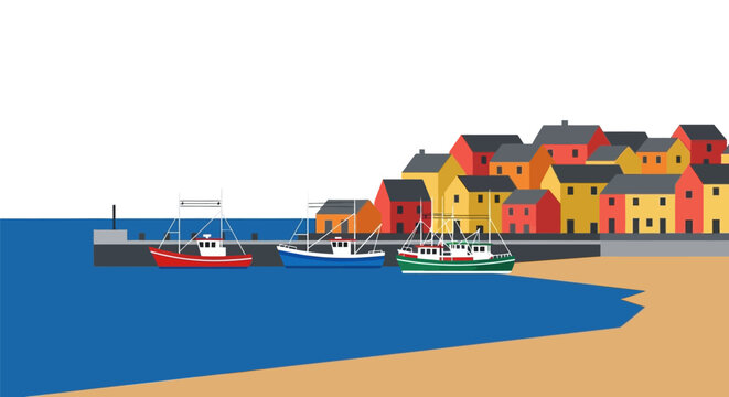 Vibrant coastal vista featuring fishing vessels nestled beside a colorful townscape