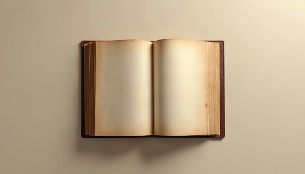 Old open book with blank yellowed pages rests on a plain surface. This classic volume is ready for writing, reading, or study activities. Its empty pages invite imagination and learning.