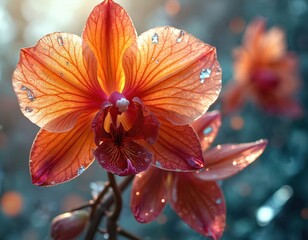 Orange orchid flower macro. Dew drops on delicate petals. Soft light illuminates vibrant colors. Floral pattern on blurred background. Exotic bloom nature detail.