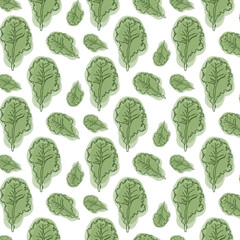 Seamless kale leaf pattern with textured green illustrations for food packaging, decor, and textile design