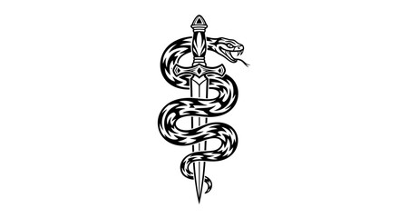 Intricate linework illustration of a snake coiling around a dagger isolated on white background