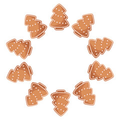 Christmas gingerbread tree wreath vector illustration, festive cookie circle frame