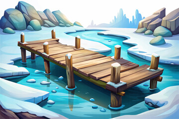 Fototapeta premium Old wooden pier extending into frozen lake vector surrounded by snow symbolizing silence and nature’s stillness