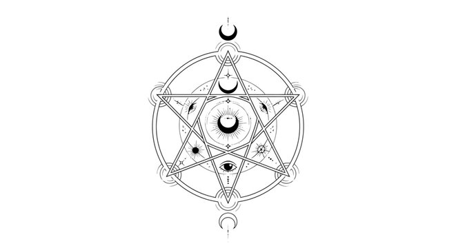 Mystical pentagram symbol with moon phases and esoteric elements abstract illustration