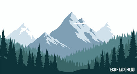 Serene mountain range landscape with lush coniferous forest illustration background