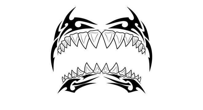 Stylized menacing shark jaws with tribal-inspired patterns on a clean white backdrop creating a