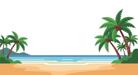 Tropical paradise beach landscape with palm trees illustration in bright sunlight