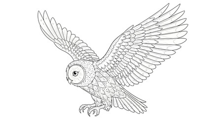 Detailed line art of a barn owl soaring with outstretched wings against a plain background